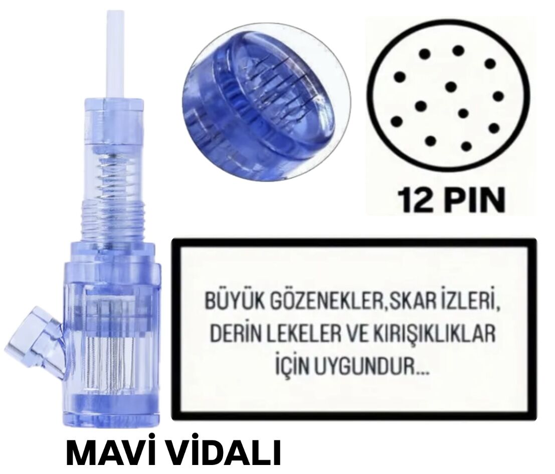 Mavi Vidalı 12 PIN Değiştiştirilebilir Kartuş Dermapen Ucu (İğne)